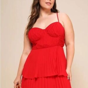 Lulu's Cascading Crush Tiered Bustier Midi Dress - Red | Color: Red | Size: S